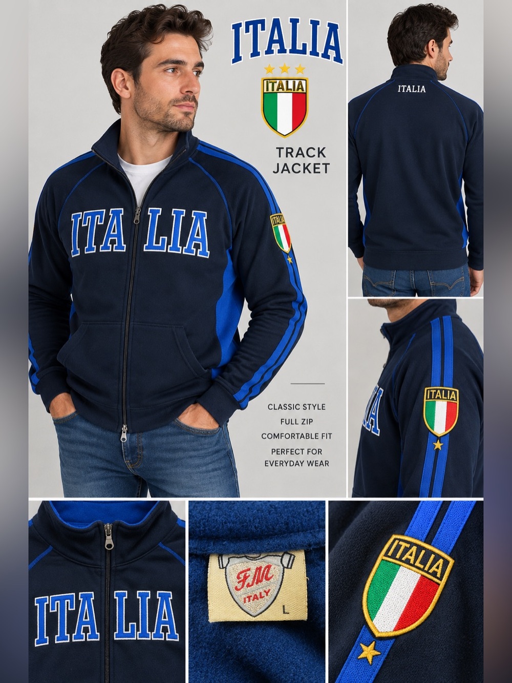Italy Italia Track Jacket Men’s Large Navy Blue Full Zip Soccer Football F.M.C